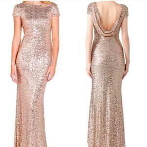 Badgley Mischka Rose Gold Sequin Dress with scoop back and cap sleeves